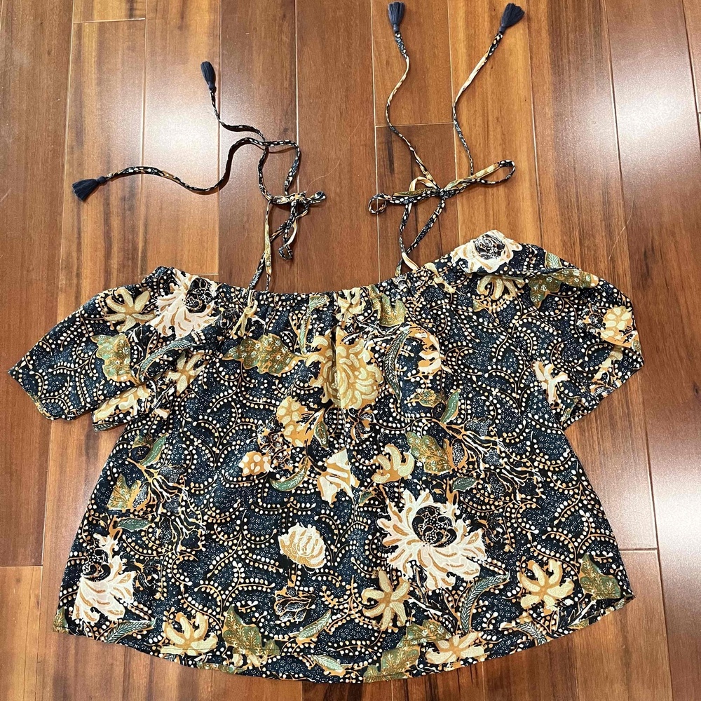 Madewell Silk Blouse Top Floral Print Off Shoulder Tank Tassel Tie Boho Size XS